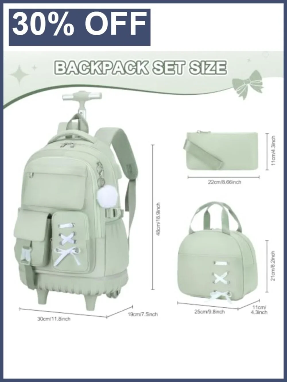 3Pc Rolling Backpack for Girls with Lunch Bag & Pencil Pouch USB Port